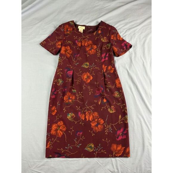 Worthington Dresses & Skirts - Worthington Vintage Floral Print Shift Dress Burgundy Size 12 Short Sleeve